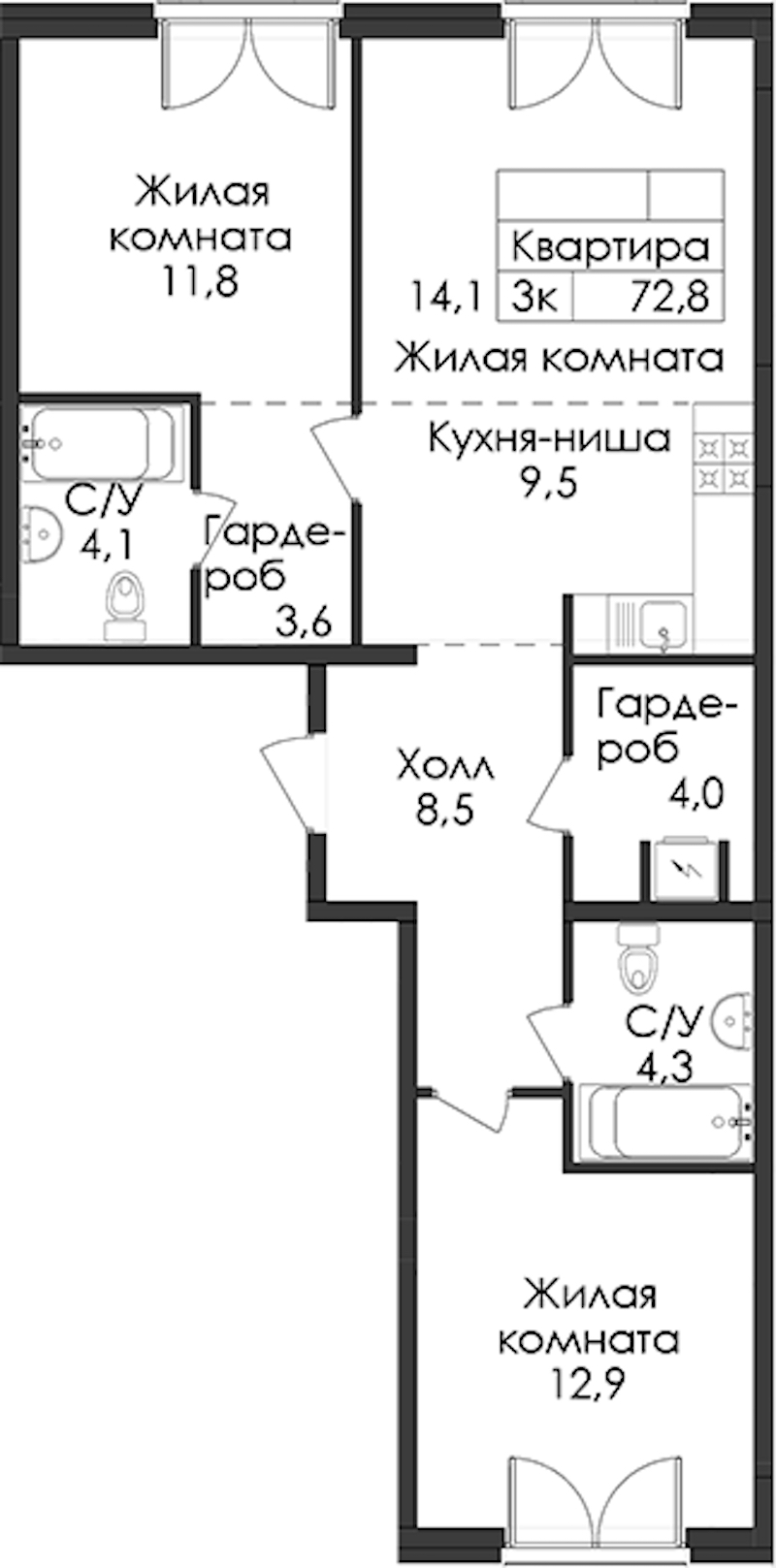2-комнатная квартира 72.8 м², 4/9 эт., ЖК «Лермонтовский 54»
